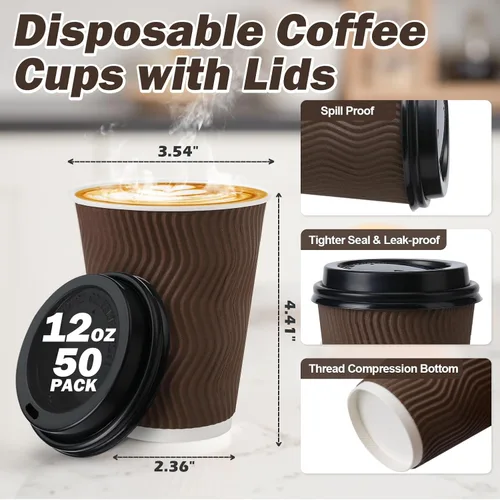 Vista 2 de Tazas de café desechables de 12 onzas con tapas, tazas de papel de café con tapas para llevar, tazas calientes aisladas para bebidas calientes
