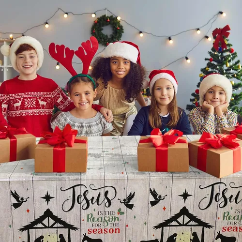 Vista 7 de WovWeave Mantel de Navidad de 3 piezas, mantel de Navidad con texto en inglés "Merry Christmas", mantel rectangular de plástico con diseño de Jesús