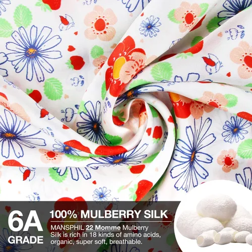 Vista 2 de MANSPHIL Funda de almohada de seda con bonitas flores rojas y blancas, tamaño estándar, 22 Momme 100% seda de morera, funda de almohada con cierre