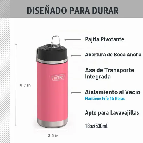 Vista 2 de THERMOS ICON SERIES - Botella de agua aislada con tapa con popote, 18 onzas, rosa intenso, botella de agua aislada al vacío de acero inoxidable