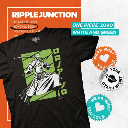 Vista 2 de Ripple Junction Camisa de anime Zoro de una pieza camiseta gráfica de manga corta para hombres y mujeres con licencia oficial forro polar verde