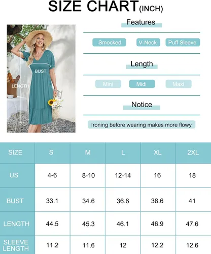 Vista 6 de PYGFEMR Women's Summer Empire Waist Dress Smocked Short Puff Sleeve V Neck Midi Dresses 2023 New