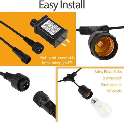 Vista 6 de LOKATSE HOME Tira de luces S14 de 54 pies para exteriores, 15 bombillas Edison (+ 1 repuesto), impermeable, inastillable, base E26, conectable