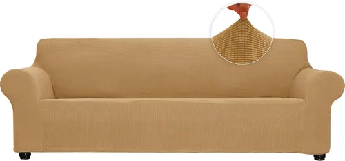 Vista 16 de Funda elástica suave para sofá de 3 cojines, protector de muebles, transpirable, lavable, tela jacquard, cuadros pequeños con parte inferior Beige