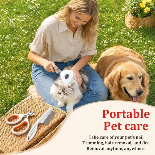 Vista 7 de Kit de aseo de cepillo para mascotas, cepillo deslizante autolimpiante, 3 piezas, kit de aseo para mascotas con cepillos de deshedding para perros