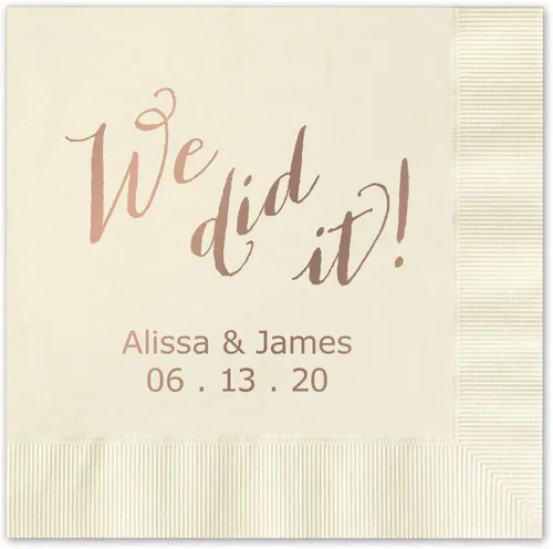 Vista 7 de We Did It - Servilletas de cóctel personalizadas, 100 servilletas negras de papel de 3 capas impresas en papel acuñado, plegadas de 4 3/4 x 4 3/4