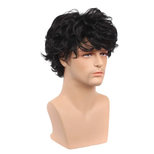 Vista 3 de Kaneles Peluca corta y rizada negra para hombre, con flequillo, disfraz de Halloween, cosplay, fiesta, peluca de cabello natural Color negro.