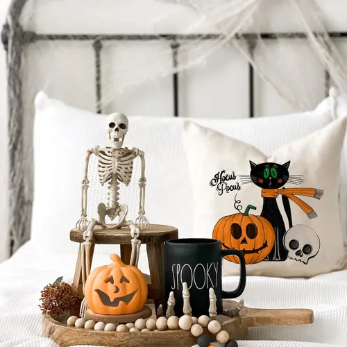 Vista 3 de PANDICORN Juego de 4 fundas de almohada de Halloween de 16 x 16 pulgadas, patas de bruja, gato negro, calabaza, feliz Halloween, fundas de almohadas