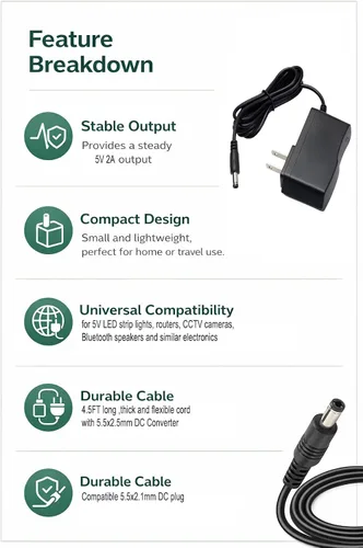 Vista 3 de Fuente de alimentación de 5 V CC, adaptador de CA de pared de 2 A, 100-240 V, 50-60 Hz a CC, cable adaptador de corriente de 2 amperios con enchufe