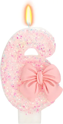 Vista 21 de Vela de cumpleaños para pastel, vela 0 - purpurina rosa con lazo, vela de feliz cumpleaños de 2.76 pulgadas, adorno superior de pastel para fiestas