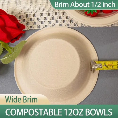 Vista 5 de Cuencos de papel compostables de 12 oz 200 unidades Paquete a granel resistente ecológico Desechables biodegradables hechos de fibras de caña
