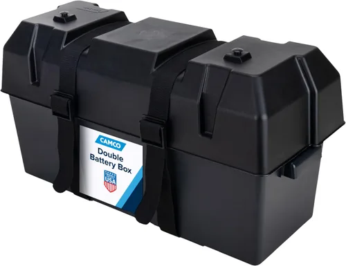 Vista 5 de Camco Caja de baterías grande con correas y herrajes - Grupo 27, 30, 31 Almacena de forma segura las baterías de RV, automotriz y marina Mide
