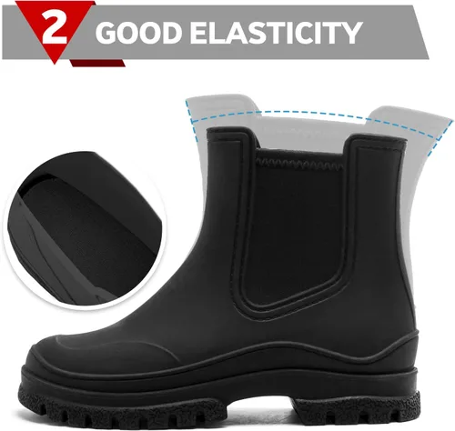 Vista 3 de Botas de lluvia para mujer, cómodos botines elásticos para adultos, botas Chelsea de tacón medio a la moda, impermeables, antideslizantes, suela