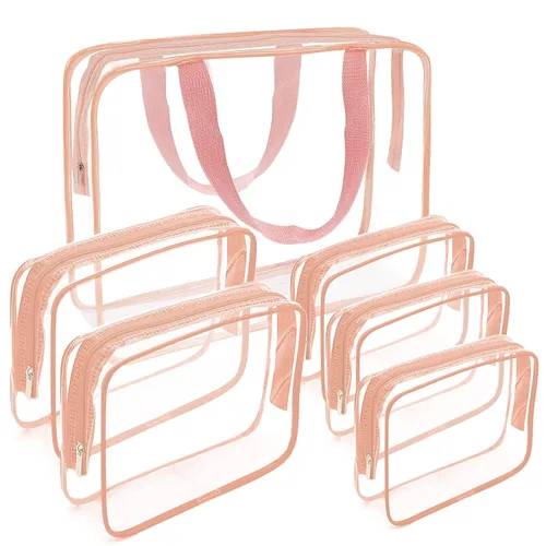 Vista 19 de APREUTY Bolsas de maquillaje transparentes, aprobadas por la TSA, juego de 3 bolsas de maquillaje grandes de PVC transparente con asa de cremallera