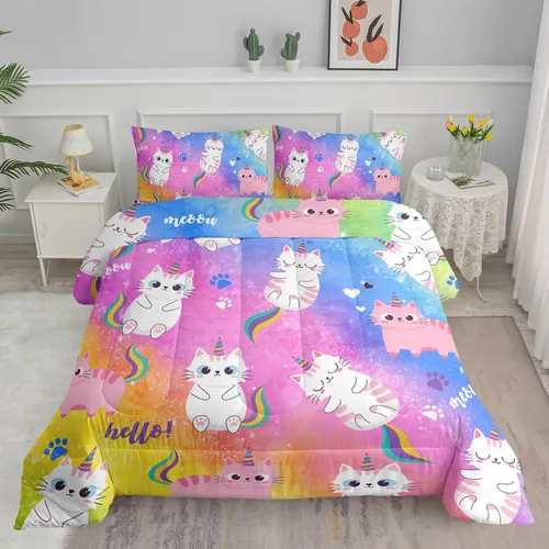 Vista 11 de Axolotl - Juego de ropa de cama para niños con diseño de gatos de dibujos animados tamaño individual, juego de edredón con líneas degradadas y lindo