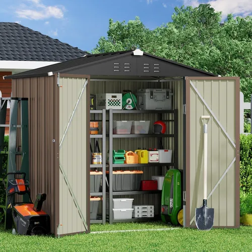 Vista 15 de Gizoon Cobertizo de almacenamiento para exteriores de 8 x 6 pies, cobertizo de jardín de metal galvanizado con puertas dobles con cerradura, Marrón