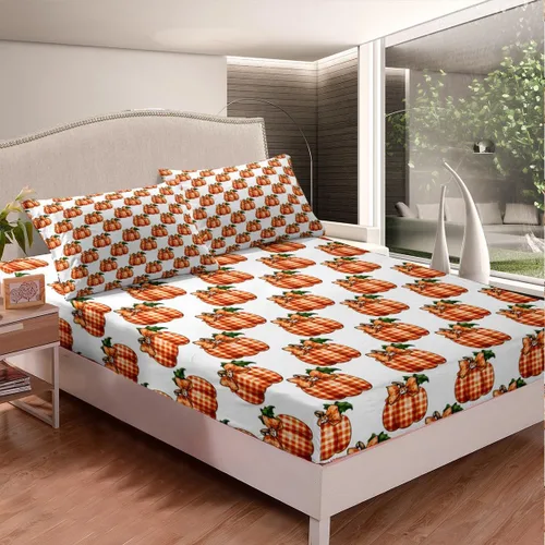 Vista 3 de Juego de sábanas de calabaza de otoño, tamaño individual, juego de sábanas de Feliz Acción de Gracias para el dormitorio de niños y niñas, sábanas a