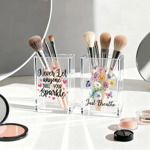 Vista 3 de Girl Power Paquete de 2 Portavasos de Lápiz Cosmético de Acrílico, Organizador de Brochas de Maquillaje Inspiracional Hope, Regalos de Fe