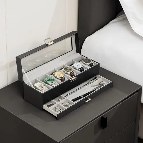 Vista 6 de ProCase Caja de joyería de tamaño de viaje, paquete de 6 ranuras, caja de reloj con cajón