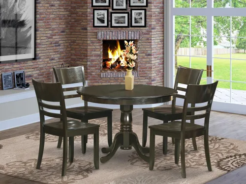 Vista 6 de East West Furniture HLLY5-CAP-W Juego de comedor de 5 piezas incluye una mesa de comedor redonda con pedestal y 4 sillas de cocina, 42 x 42