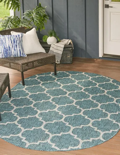 Vista 24 de Unique Loom Outdoor Trellis Collection Alfombra de Área (5' 1" x 8' Oval, Aguamarina/Gris)