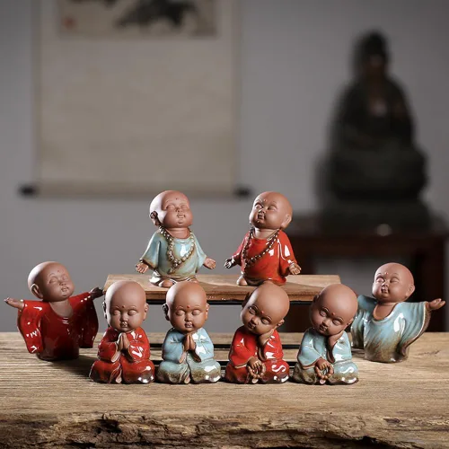 Vista 7 de Estatua de monje de Buda roja, figura de cerámica para bebé, té de monje zen, figura de mascota, estatua de meditación de 3.7 pulgadas para Azul