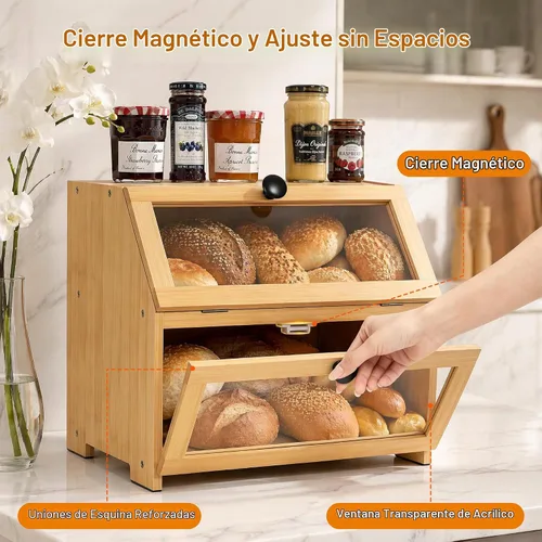 Vista 4 de Panera de bambú para encimera de cocina, contenedor grande de almacenamiento de pan recipiente portapanes de 2 capas para encimera de cocina Natural