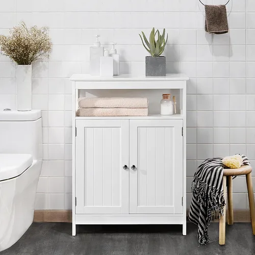 Vista 2 de Topeakmart Gabinete de almacenamiento para baño, organizador de gabinetes de madera independientes con estante ajustable y puertas dobles