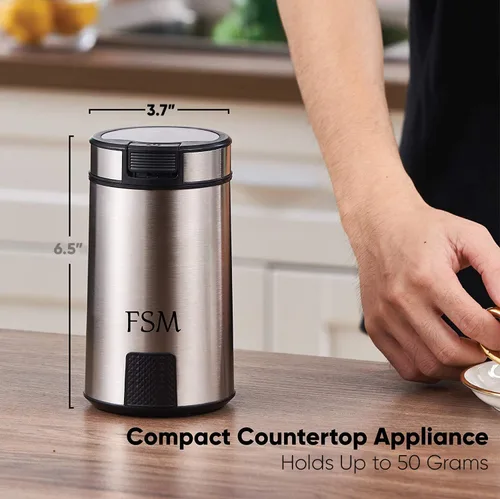 Vista 5 de FSM Molinillo de café eléctrico y molinillo de especias con sistema de bloqueo de seguridad, acero inoxidable con tapa transparente y base