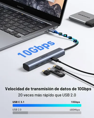 Vista 3 de Hub USB C, divisor USBC de 10Gbps para portátil, adaptador multipuerto de 4 puertos USB C a USBC para MacBook Pro/Air, iPad, teléfono, Surface Pro