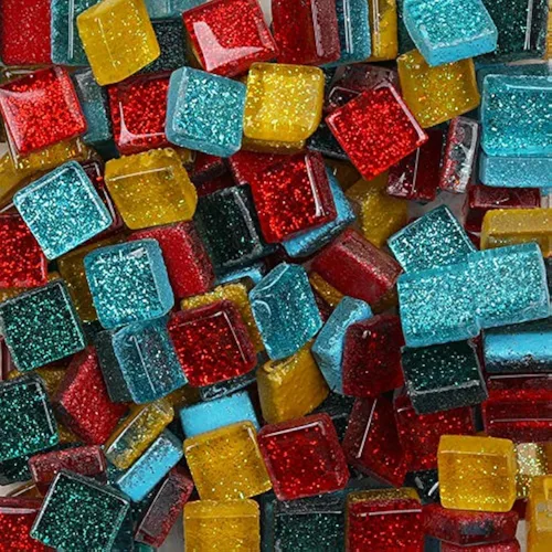 Vista 6 de Azulejos de vidrio de mosaico de colores mixtos, piezas de cristal brillantes, azulejos de mosaico de cristal cuadrados con purpurina a granel