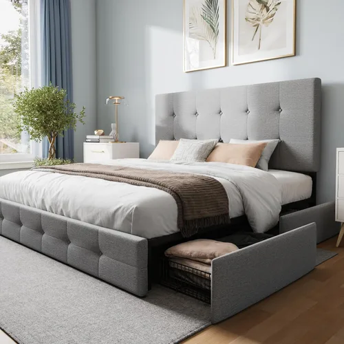 Vista 11 de WEEWAY Base de cama de plataforma de tamaño matrimonial con 4 cajones de almacenamiento, cabecera capitonada con botones de costura de diamante