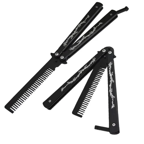 Vista 3 de cuchillo mariposa de acero inoxidable con tótem de dragón, entrenador con peine (negro)
