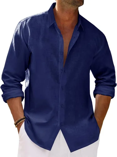 Vista 8 de Runcati Camisa de manga larga con botones para hombre, de algodón, lino, casual, con cuello, hippie, para la playa