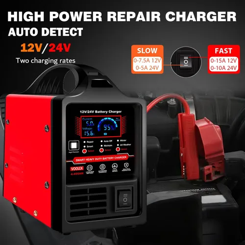 Vista 3 de Voolex Cargador de batería para auto 12V 24V portátil, cargador automotriz de goteo, mantenedor de batería para AGM, coche, camión, motocicleta, RV
