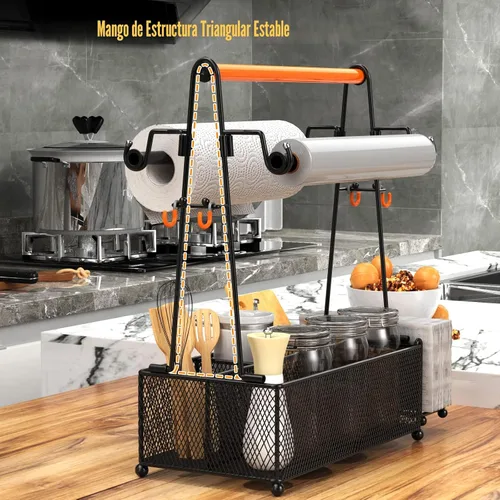 Vista 2 de PHINOX Organizador de utensilios con asa y portarrollos de toallas de papel, organizador de cubiertos y condimentos para fiestas, pícnic y Negro