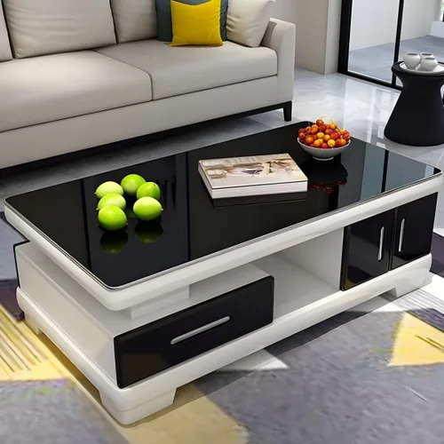 Vista 8 de RUNNUP Mesa de centro rectangular moderna de vidrio con base de madera blanca y almacenamiento de 2 niveles, mesa central de sofá para sala de Beige