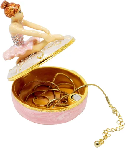 Vista 2 de Caja de joyería de bailarina rosa con texto en inglés "Bejeweled