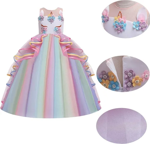 Vista 3 de IZKIZF Disfraz largo de tul de tul de princesa de unicornio arcoíris para niñas, fiesta de cumpleaños, carnaval