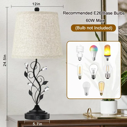 Vista 6 de Sheetea Juego de 2 lámparas de mesa estilo granja de 24.5 pulgadas, lámparas rústicas para dormitorio con 2 puertos de carga USB, pantalla de tela