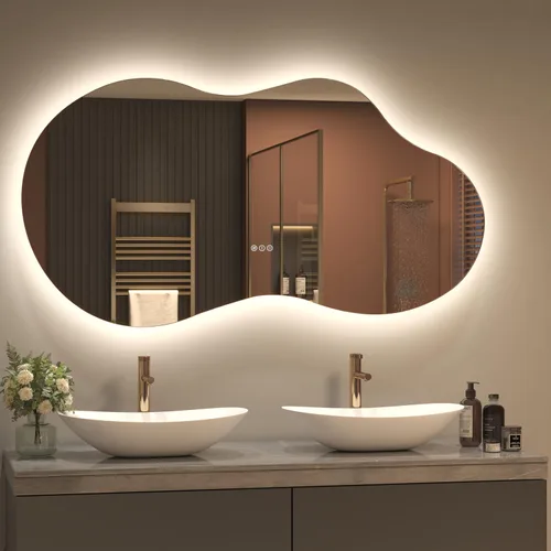 Vista 18 de SMIROR Espejo de Baño Retroiluminado Irregular con Luces 20 x 32, Espejo de Tocador con Luz LED Asimétrica en Forma de Nube para Pared
