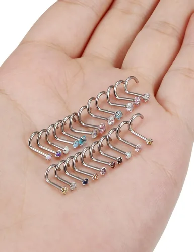 Vista 5 de Piercing para la nariz de 20/0.63 oz, rectos, L/sacacorchos, para la nariz, joyería para mujer, acero inoxidable quirúrgico hipoalergénico