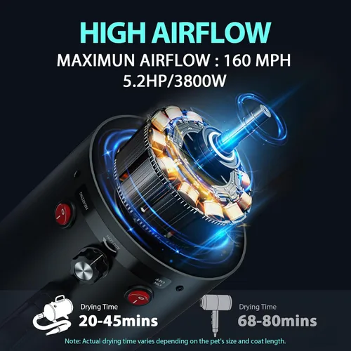 Vista 2 de Secador de pelo para perros de alta velocidad 5.2HP/3800W, temperatura ajustable continua, secadora de pelo para perros, secador de pelo