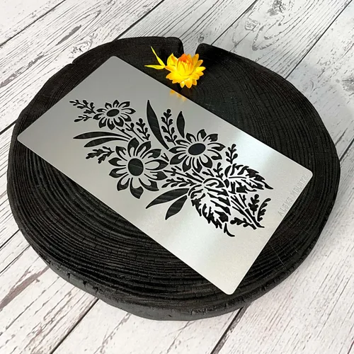 Vista 6 de Aleks Melnyk No.273 - Plantilla de metal, girasol en un ramo con flores silvestres, flor de hoja, plantilla pequeña, 1 unidad, plantilla para leña