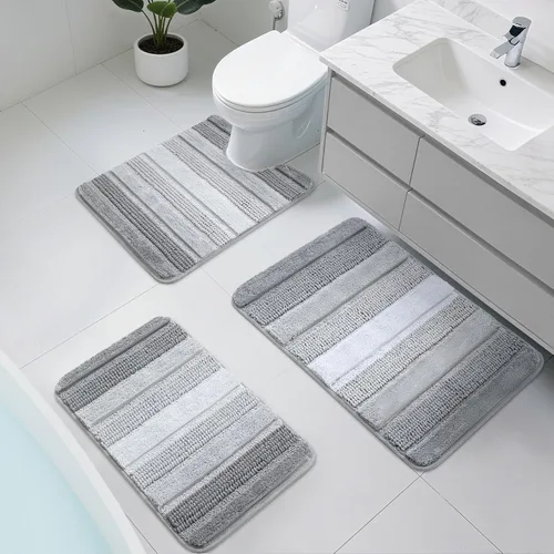 Vista 13 de Kmson Juego de 3 alfombras de baño de chenilla ombré, antideslizantes, ultra suaves, lavables, alfombras de baño peludas para bañera, tapete de Azul