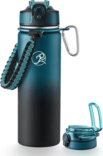 Vista 15 de GOSWAG - Botella de agua de viaje de acero inoxidable aislada de 24 onzas, 2 tapas with straw and no straw, Paracord handle, Double-wall vacuum