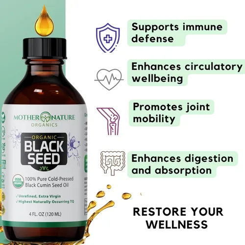 Vista 6 de Mother Nature Aceite orgánico de semillas negras USDA – prensado en frío, sin refinar y vegano, Nigella sativa alta en timoquinona (2%+), Omega 3 6
