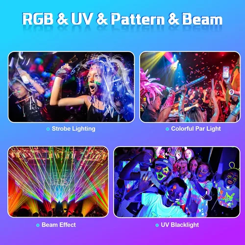 Vista 4 de Luces láser para DJ, luces de fiesta Pro 4 en 1 con activación por sonido y control DMX, espectáculo de luz láser RGBW y efecto de haz UV, luz láser
