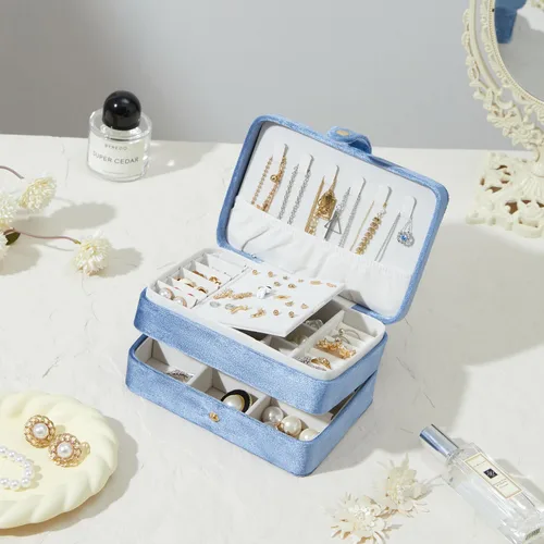 Vista 8 de Joyero pequeño de terciopelo para mujeres y niñas, estuche portátil de viaje de doble capa para anillos, colgantes, aretes, collares, organizador