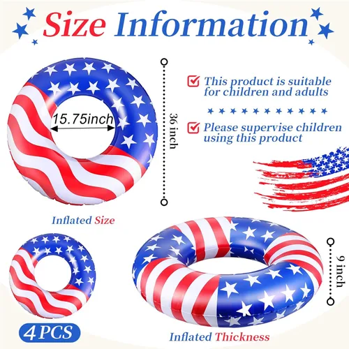 Vista 2 de Flotador de piscina con bandera de Estados Unidos de 36 pulgadas, anillo inflable para piscina, flotador patriótico redondo para playa, lago